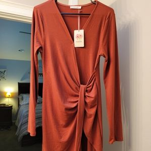 Long Sleeve Rust Wrap Style Dress